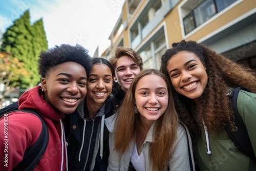 Diverse high school students taking selfie on campus photo