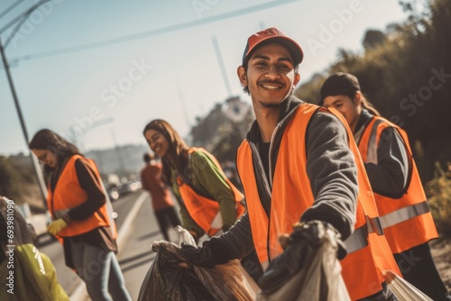 Portrait of smiling volunteers picking up trash on the road photo