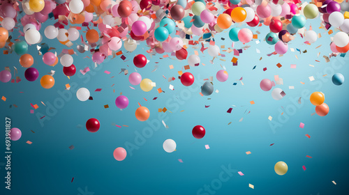 Print op canvas Blue background with colorful balloons and confetti