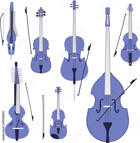 Set of different violins, string instruments.Vector images of musical instruments.