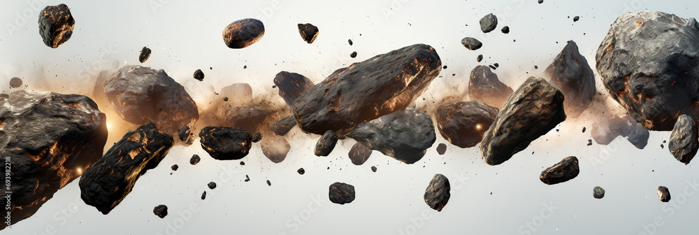 Many rocks and broken brittle matter explode toward space, in the style of rendered in cinema4d - obrazy, fototapety, plakaty 