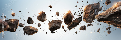 Many rocks and broken brittle matter explode toward space, in the style of rendered in cinema4d photo