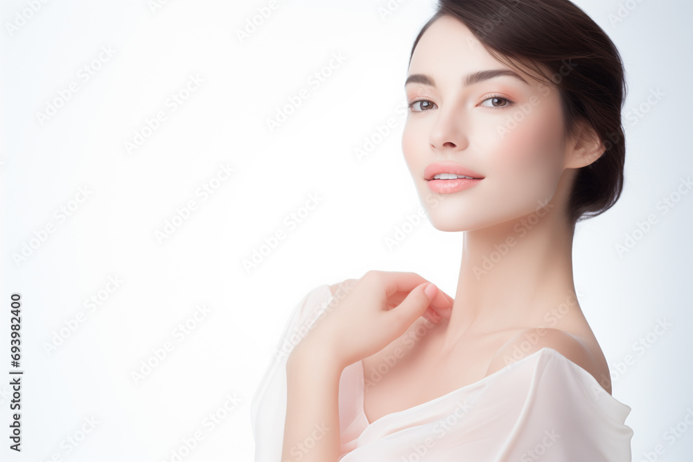 Studio Close Up Portrait of a Beautiful Woman, Brunette with Glowing Healthy Skin and Subtle Make Up on White Background. Natural Cosmetics Beauty Treatment. Studio Close Up Portrait of a Beautiful Woman, Brunette with Glowing Healthy Skin and Subtle Make Up on White Background. Natural Cosmetics Beauty Treatment.