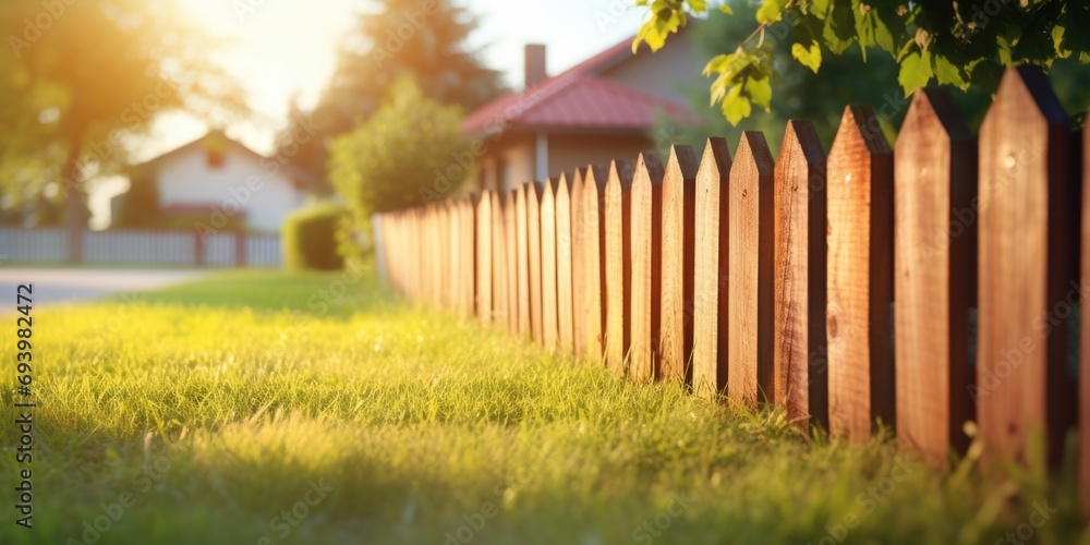 Fototapeta premium A wooden fence situated in the grass near a house. Suitable for various outdoor themes
