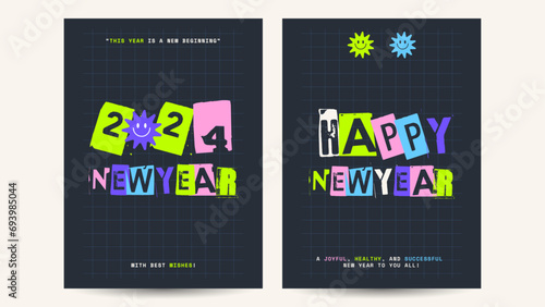 2 Vibrant Happy New Year Poster in Brutalism Style. Retro Y2K Stickers. Blackmail Font Type.