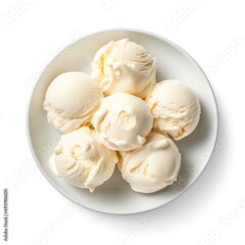 Plate of vanilla ice cream on white background, top view.