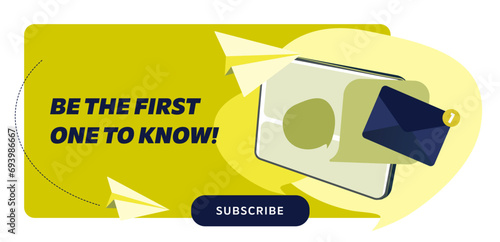 Newsletter subscription banner. Vector illustration for online marketing and business. Tablet with flying envelopes and paper planes. Template for mailing and newsletter.