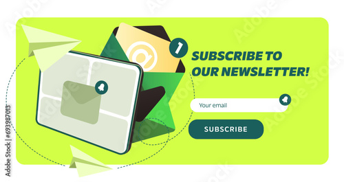 Newsletter subscription form. Vector illustration for online marketing and business. Tablet with flying envelopes and paper planes. Template for mailing and newsletter.