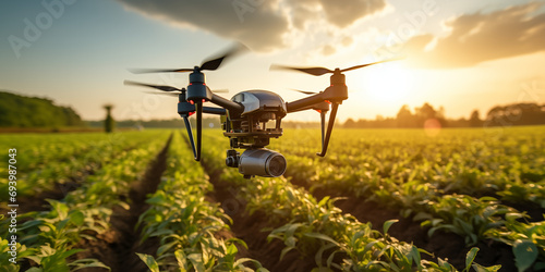 Imagem sobre inovação e tecnologia na agricultura. Fazenda com sistema moderno de mapeamento com drones. photo