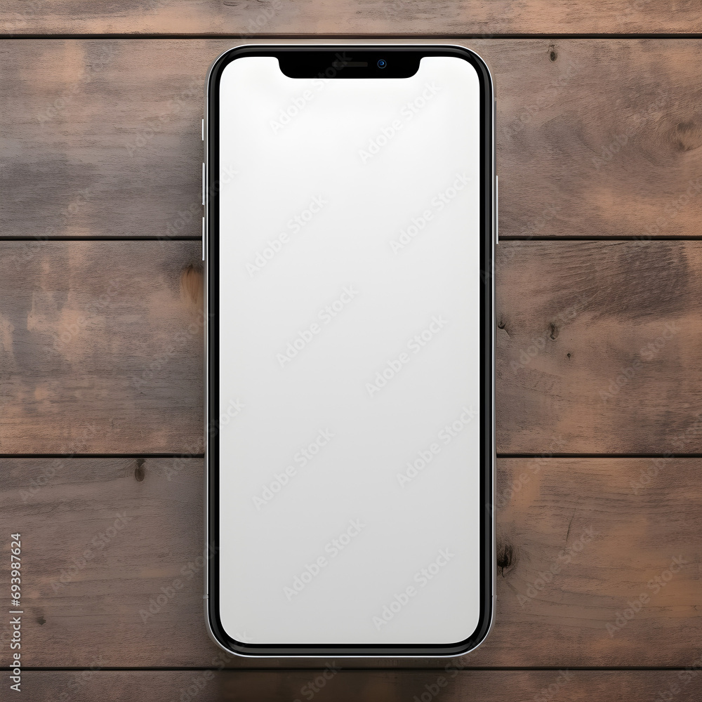 Smartphone mockup view from above on wooden background Smartphone mockup view from above on wooden background