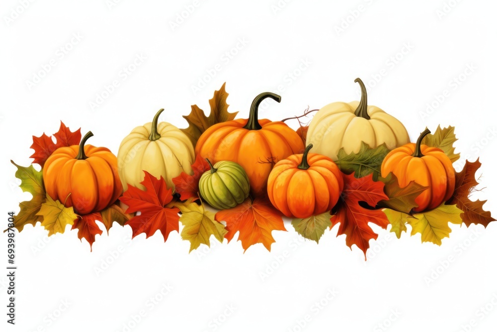 A collection of pumpkins and autumn leaves on a plain white background. Perfect for Halloween decorations or fall-themed designs A collection of pumpkins and autumn leaves on a plain white background. Perfect for Halloween decorations or fall-themed designs