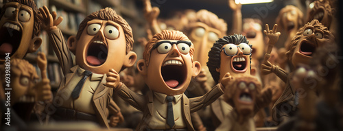Protest of people, People raising hands and shouting for their needs in a picket, 3d characters open mouth and big eyes   photo