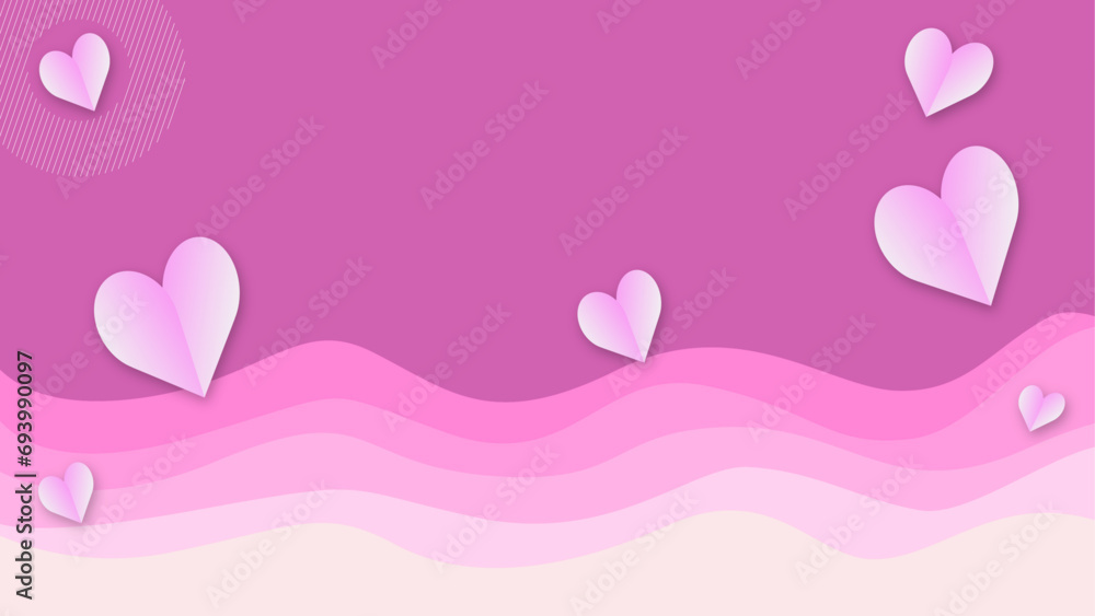 Pink wave lines curve with hearts paper for valentine's day concept vector background illustration.
