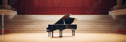 Elegant black grand piano in a large concert hall. Generative AI photo