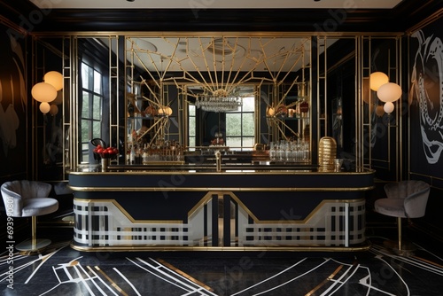 An art deco-inspired home bar with mirrored surfaces, bold geometric patterns, and a glamorous atmosphere, reminiscent of a bygone era.
