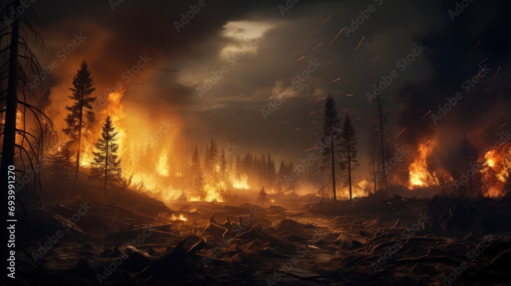 Forest Fire at Night with Intense Flames
