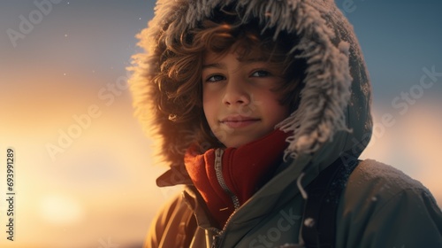 A young boy is pictured wearing a hooded jacket and mittens. This image can be used to depict a child in cold weather or for winter-themed designs