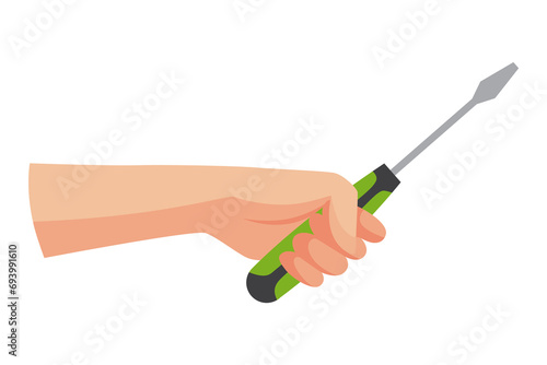 Construction tool in hand, screwdriver. Repair and housework equipment in flat design, illustration. Master tool for building renovation