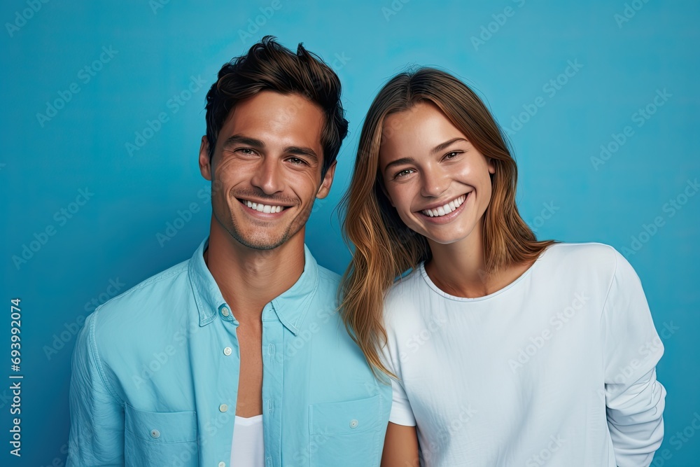 Happy young couple capturing a joyful moment together on a blue background.