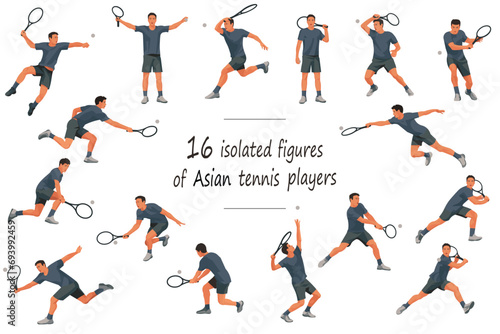 16 figures of Asian tennis players in black T-shirts serving  receiving  hitting the ball  standing  jumping and running