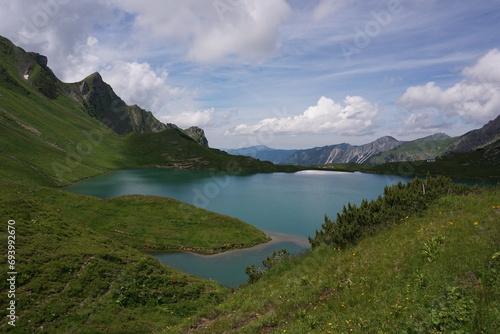 The picturesque mountain lake Schrecksee in the german Alps, Allgäu, Germany