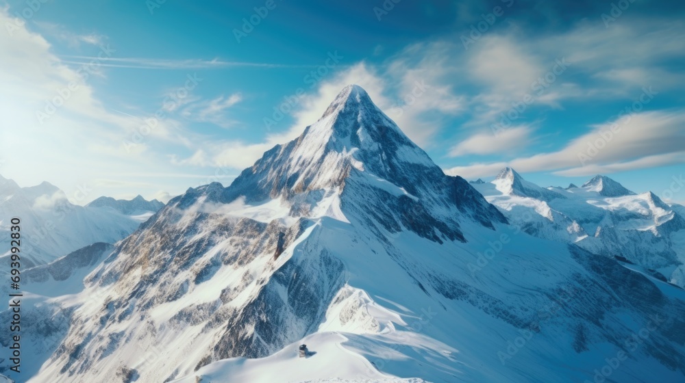 A breathtaking view of a snow-covered mountain with a person standing proudly on top. This image captures the beauty and serenity of the mountain landscape.
