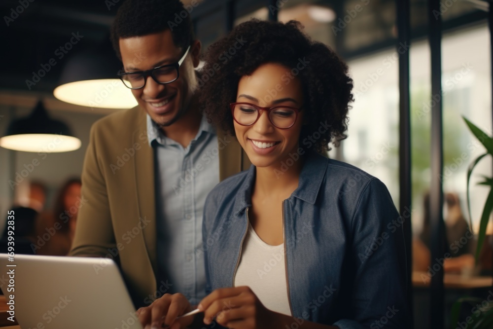 Fototapeta premium A man and a woman sitting together and focusing on a laptop screen. Suitable for illustrating teamwork, collaboration, or technology usage