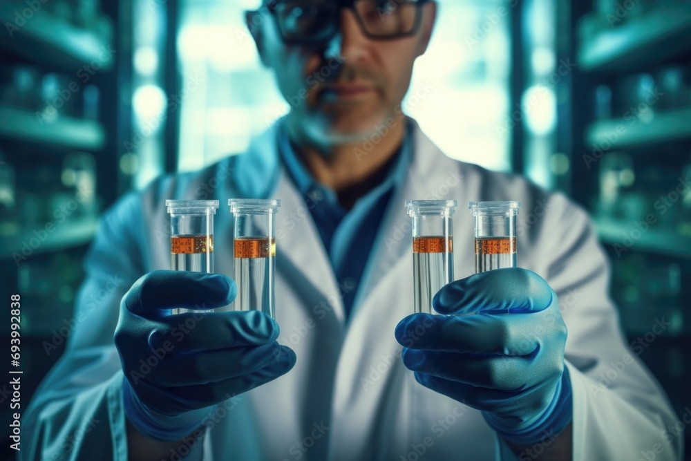 A man in a lab coat holding two test tubes. Perfect for scientific research and laboratory concepts A man in a lab coat holding two test tubes. Perfect for scientific research and laboratory concepts