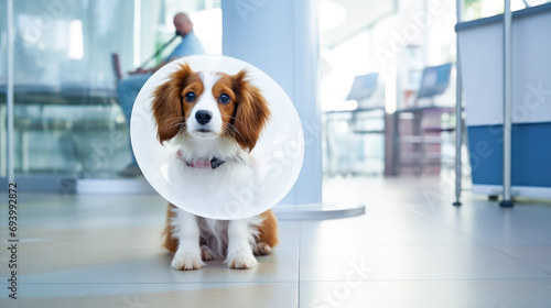 Dog wearing a medical collar in a veterinary clinic photo