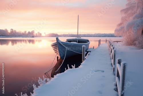 A boat sitting peacefully on top of a snow-covered lake. Perfect for winter landscapes and outdoor adventure themes © Fotograf