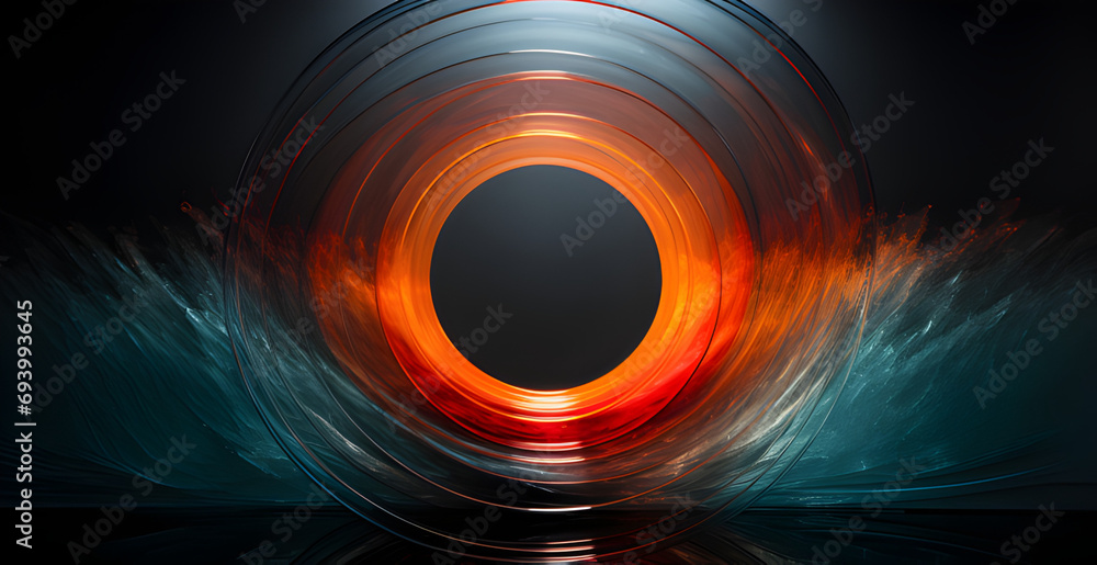 a blue circle with a blue and orange ring, in the style of bill henson, julio le parc, hyper-realistic atmospheres, image noise, dark aquamarine and crimson - obrazy, fototapety, plakaty 