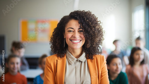 Smiling Female Teacher in Middle School Classroom