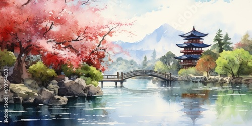 A beautiful watercolor painting depicting a serene scene of a bridge over a flowing river. Perfect for adding a touch of tranquility to any space