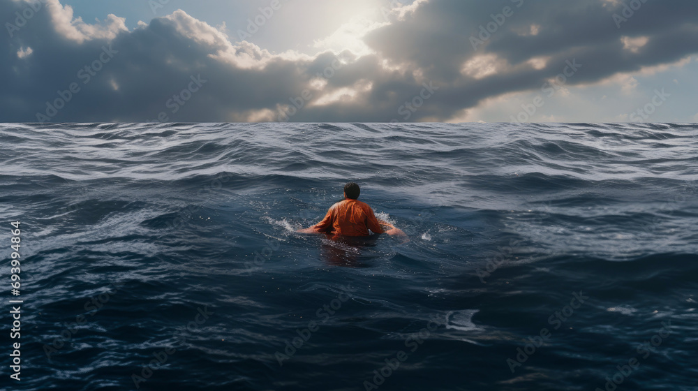 A man swims alone and calls for help on the open sea