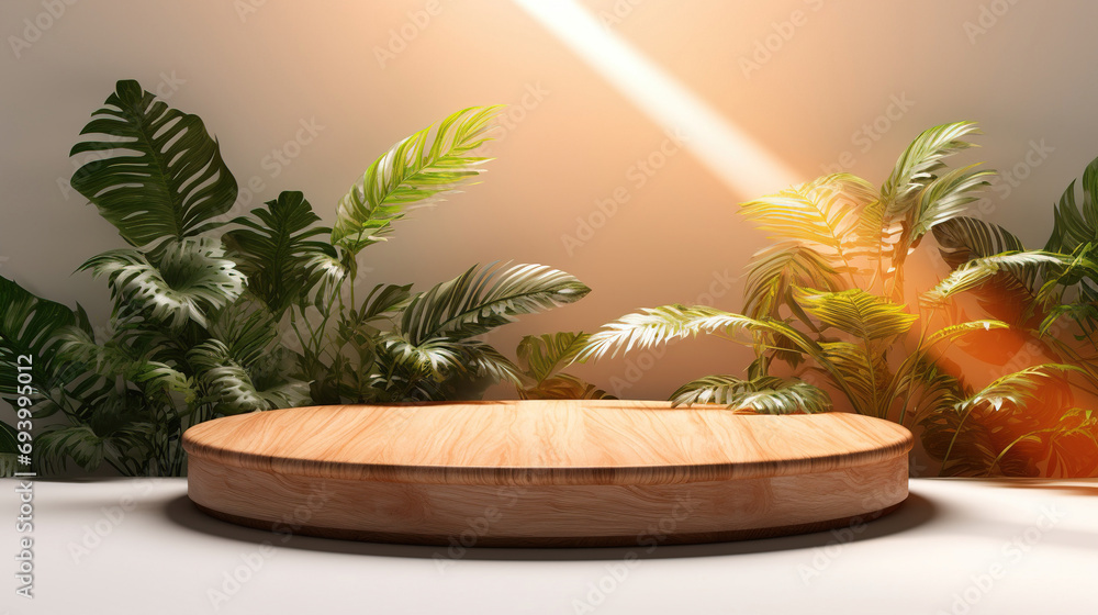 Obraz premium Wooden Podium With Tropical Plants Leaf. Generative Ai