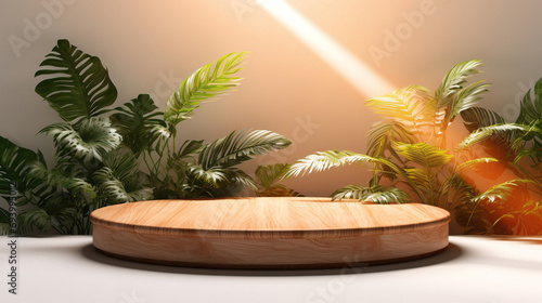 Wooden Podium With Tropical Plants Leaf. Generative Ai