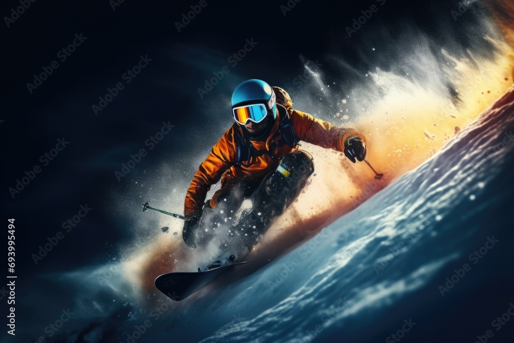 A man is pictured riding a snowboard down a snow covered slope. This image can be used to depict winter sports and outdoor activities