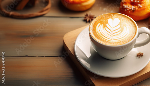 Hot Coffee Latte with Latte Art Milk Foam in Cup Mug