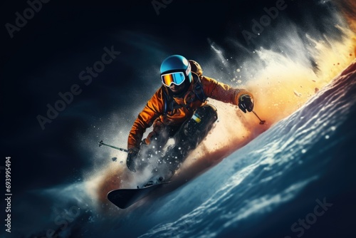 A man is pictured riding a snowboard down a snow covered slope. This image can be used to depict winter sports and outdoor activities