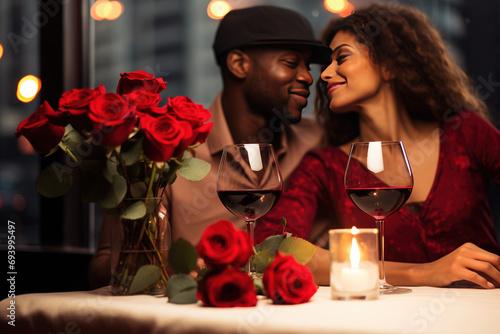 couple in love with wine  candles  hearts and lights  enjoying time together smiling during valentine