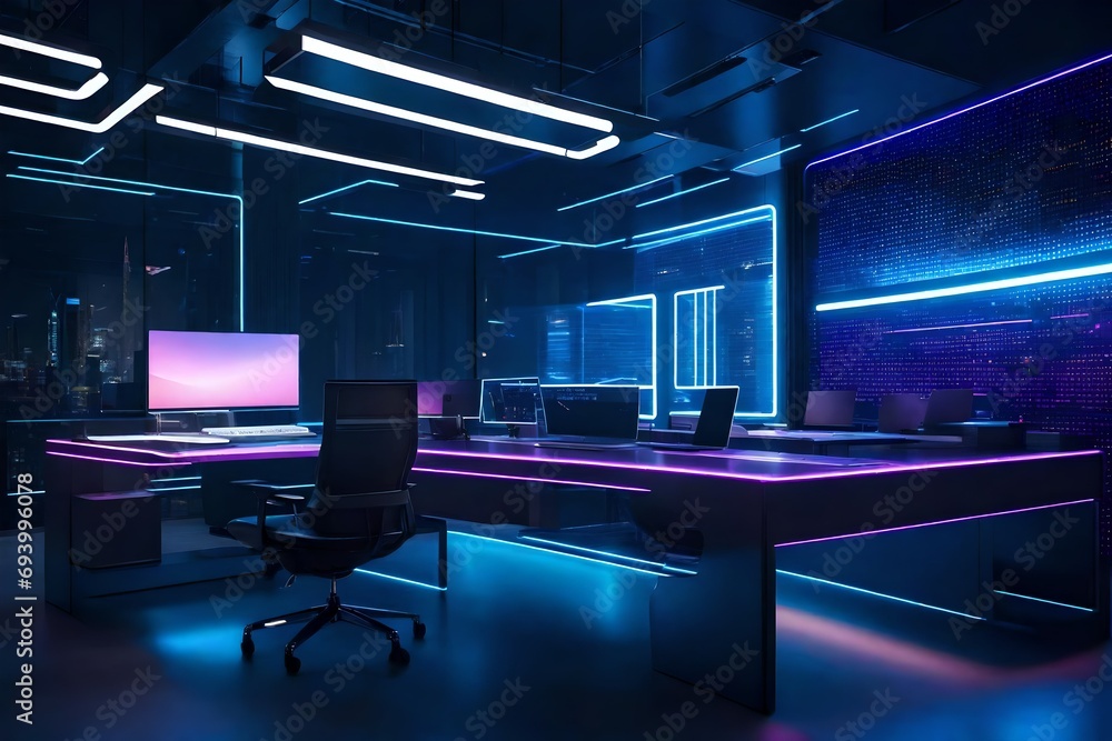 A tech-inspired office with innovative design elements, futuristic furniture, and high-tech gadgets, reflecting a cutting-edge and forward-thinking workspace A tech-inspired office with innovative design elements, futuristic furniture, and high-tech gadgets, reflecting a cutting-edge and forward-thinking workspace