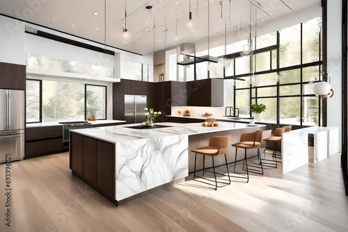 A stylish kitchen with marble countertops, sleek appliances, and an open layout, offering a blend of functionality and contemporary design