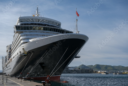 Classic British luxury ocean liner cruiseship cruise ship in Ibiza port with red, black and white hull photo