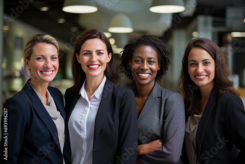 Group of four multi ethnic business women looking at camera and smiling