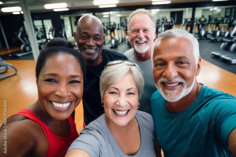 Multi ethnic seniors in a gym group selfie showcasing their enjoyment of exercise Multi ethnic seniors in a gym group selfie showcasing their enjoyment of exercise