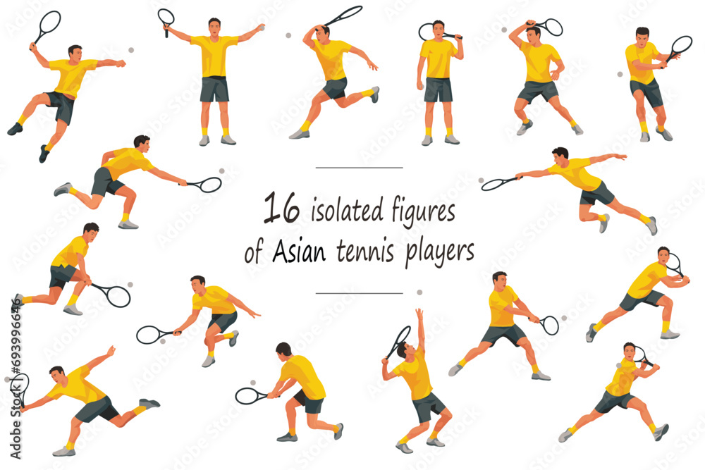 16 figures of Japanese, Korean or Chinese tennis players in white T-shirts serving, receiving, hitting the ball, standing, jumping and running