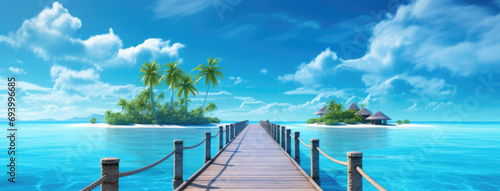 Wooden bridge coming from the sea directly onto a beautiful island with palm trees and white sand banner