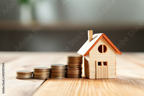Home purchase and real estate investments. Stacks of coins with wooden house on the table photo