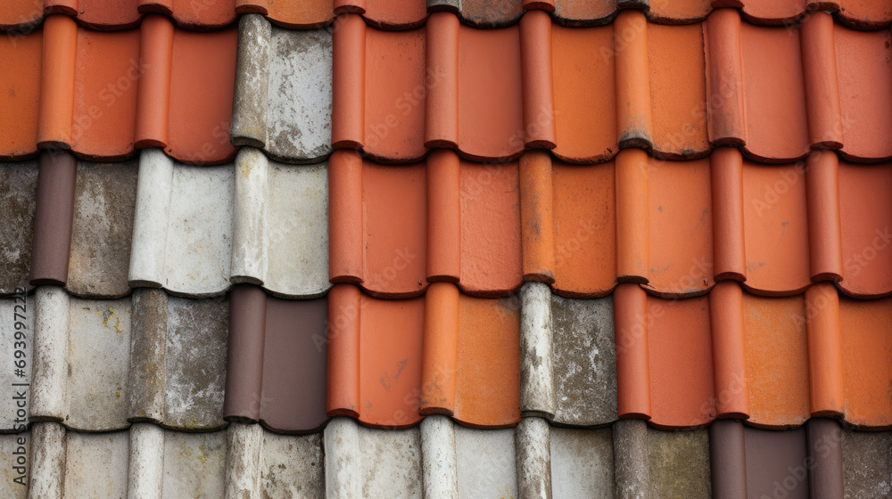 Close-up of overlapping roof tiles with varying degrees of aging Close-up of overlapping roof tiles with varying degrees of aging