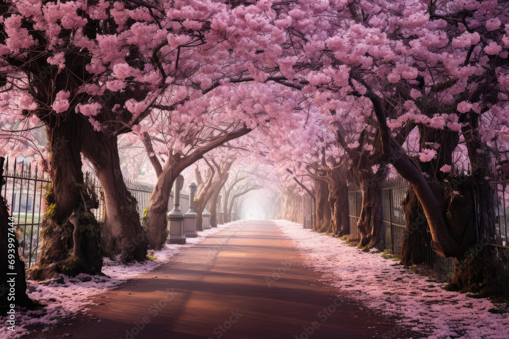 Naklejka premium Road with blooming sakura or cherry trees